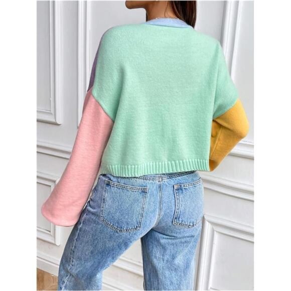 Women’s Colorful Cropped V-Neck Cardigan 70s Style Fall Knit Sweater Coat - Picture 2 of 7